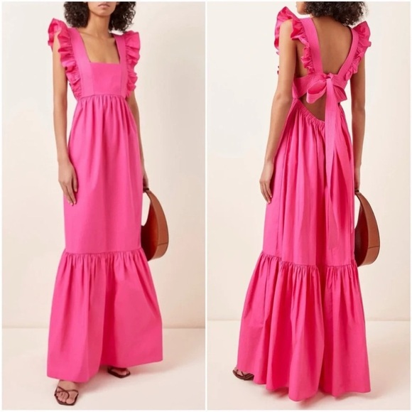 Self Portrait Open Back Ruffled Cotton Maxi Dress Pink - Picture 1 of 8